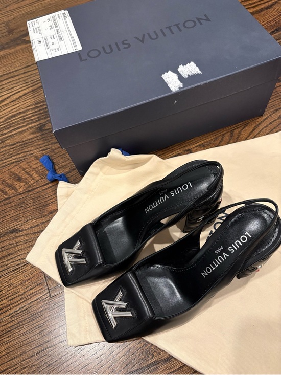 Louis Vuitton Shoes - Louis Vuitton Black Leather Peep-Toe Slingback Heels with Silver LV Emblem